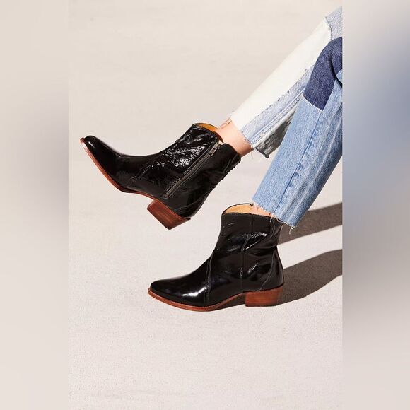 Like New Free People: Black Patent Leather New Frontier Western Boot - Picture 1 of 5
